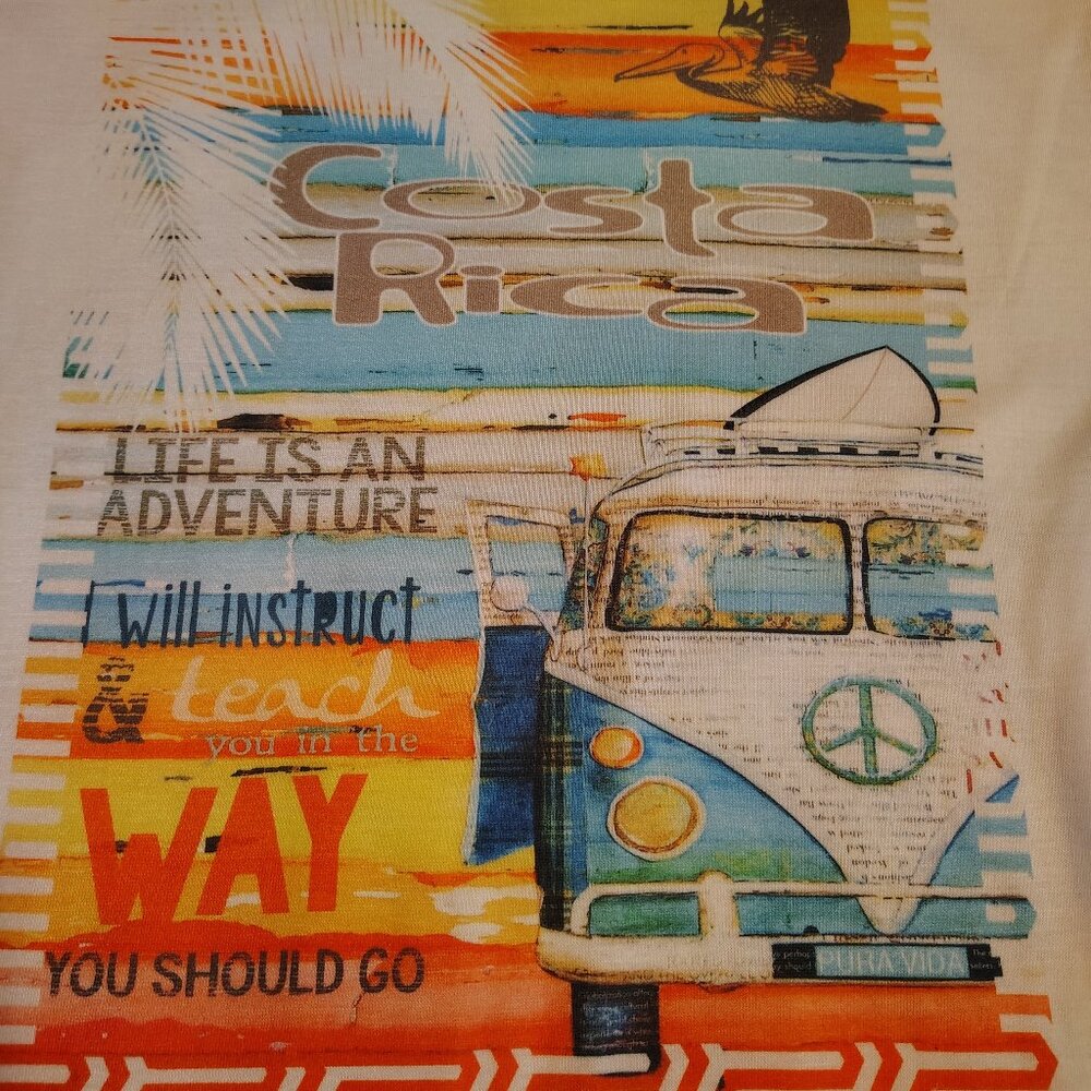 Retro 70s Graphic T-Shirt Long Length Van Life Hippie Pisac Costa Rica NWT Small